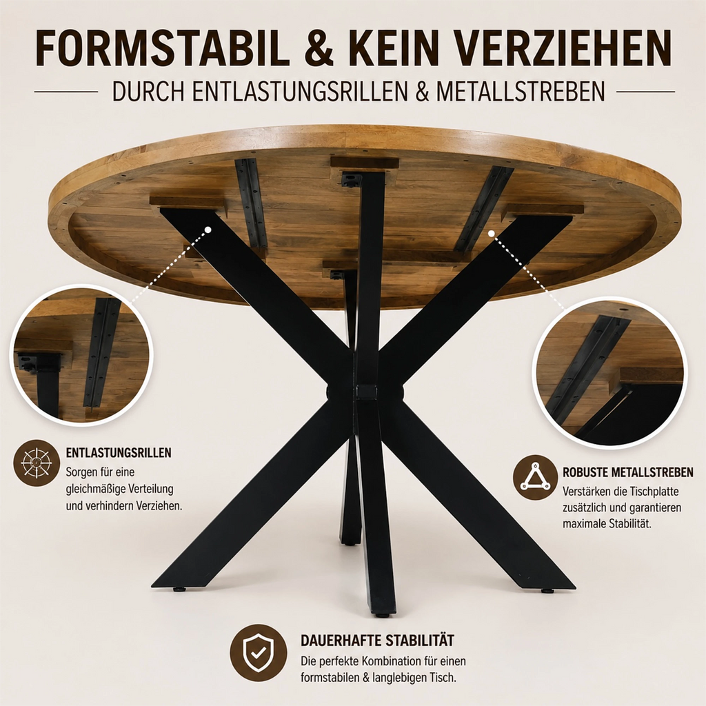 Mangoholz Esstisch Paris rund mit Spider-Gestell