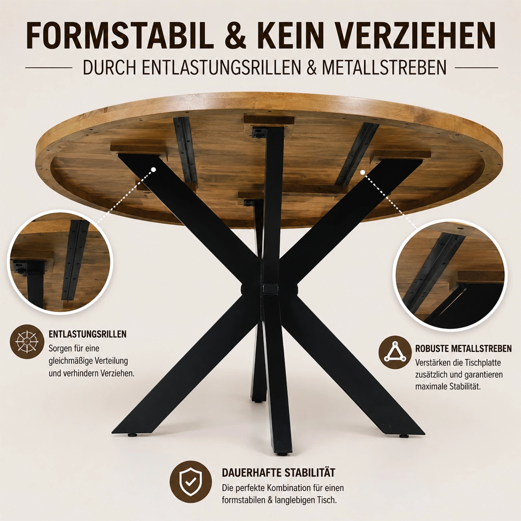Mangoholz Esstisch Paris rund mit Spider-Gestell