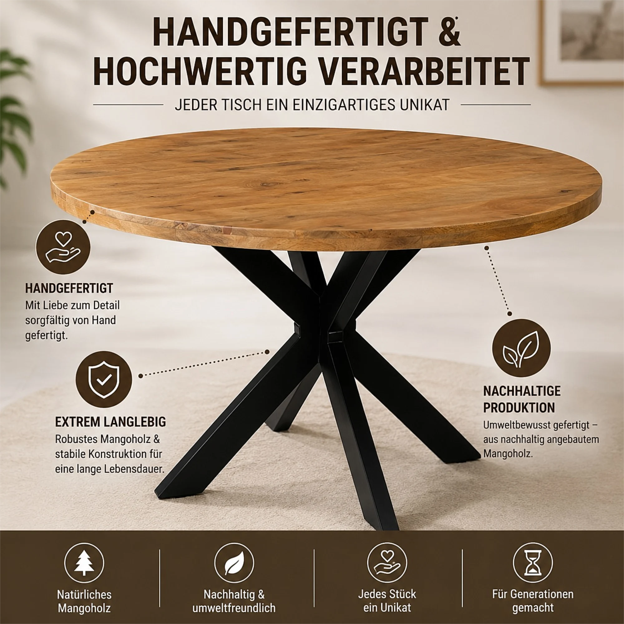 Mangoholz Esstisch Paris rund mit Spider-Gestell