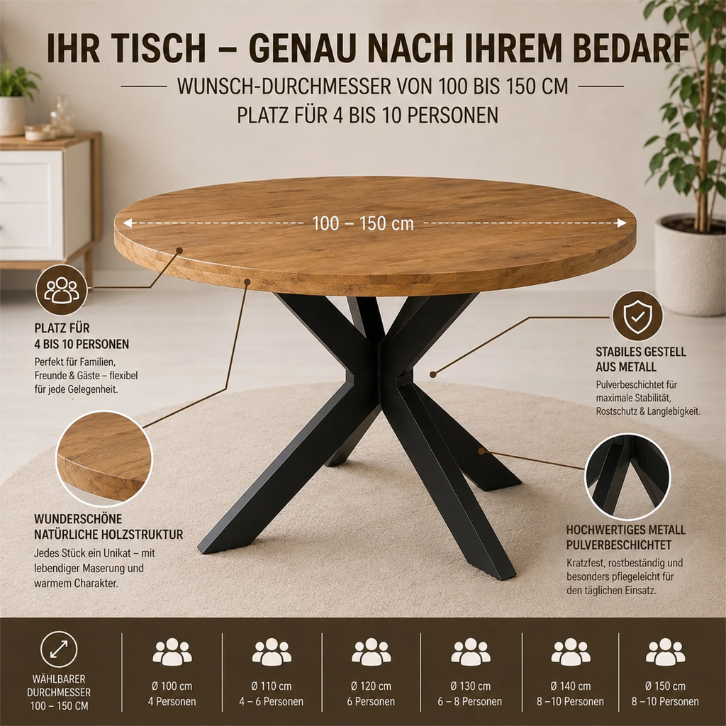 Mangoholz Esstisch Paris rund mit Spider-Gestell